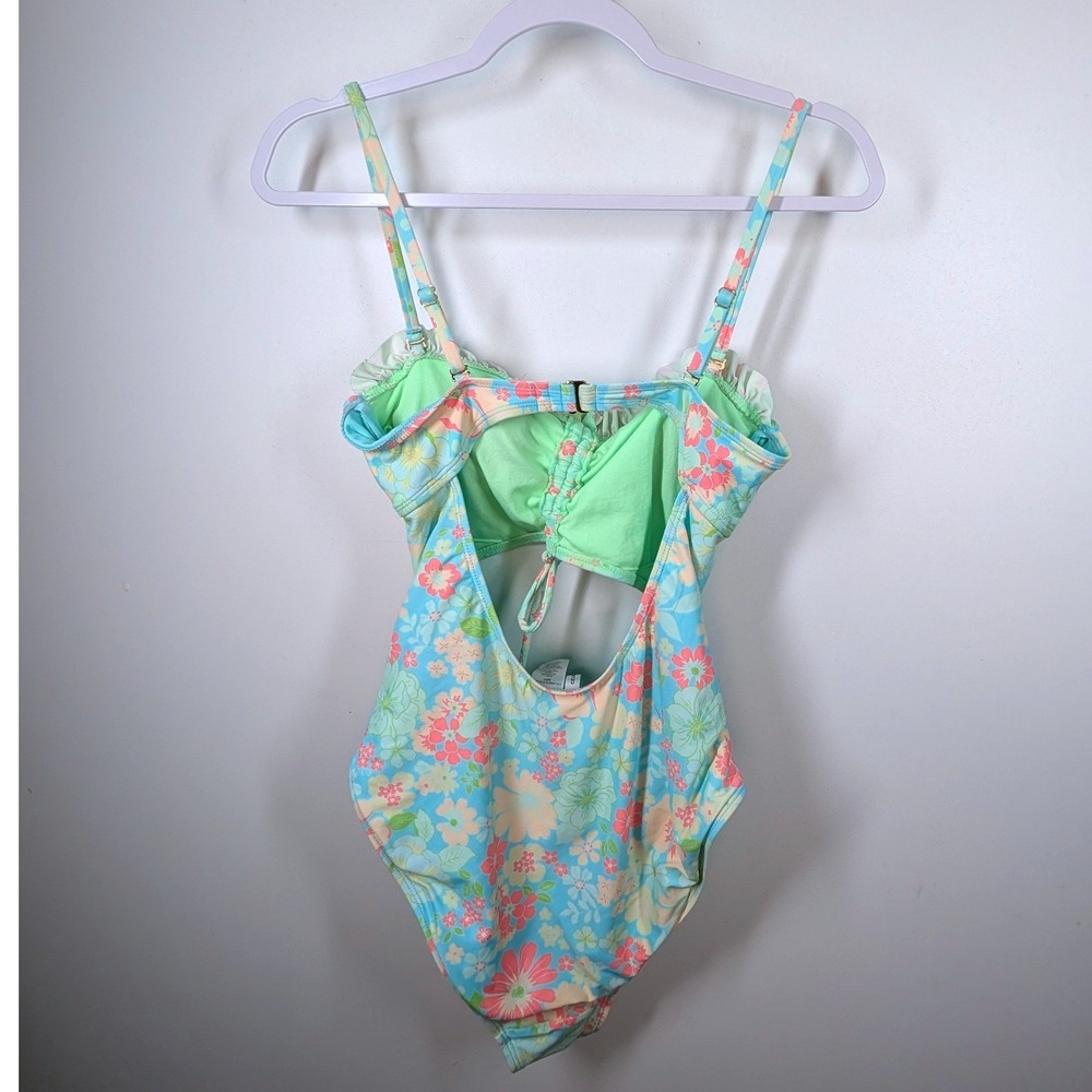 Celebrity Pink Floral Cutout One Piece Swimsuit Mint Green Pink Ruffle Large L - Picture 5 of 6
